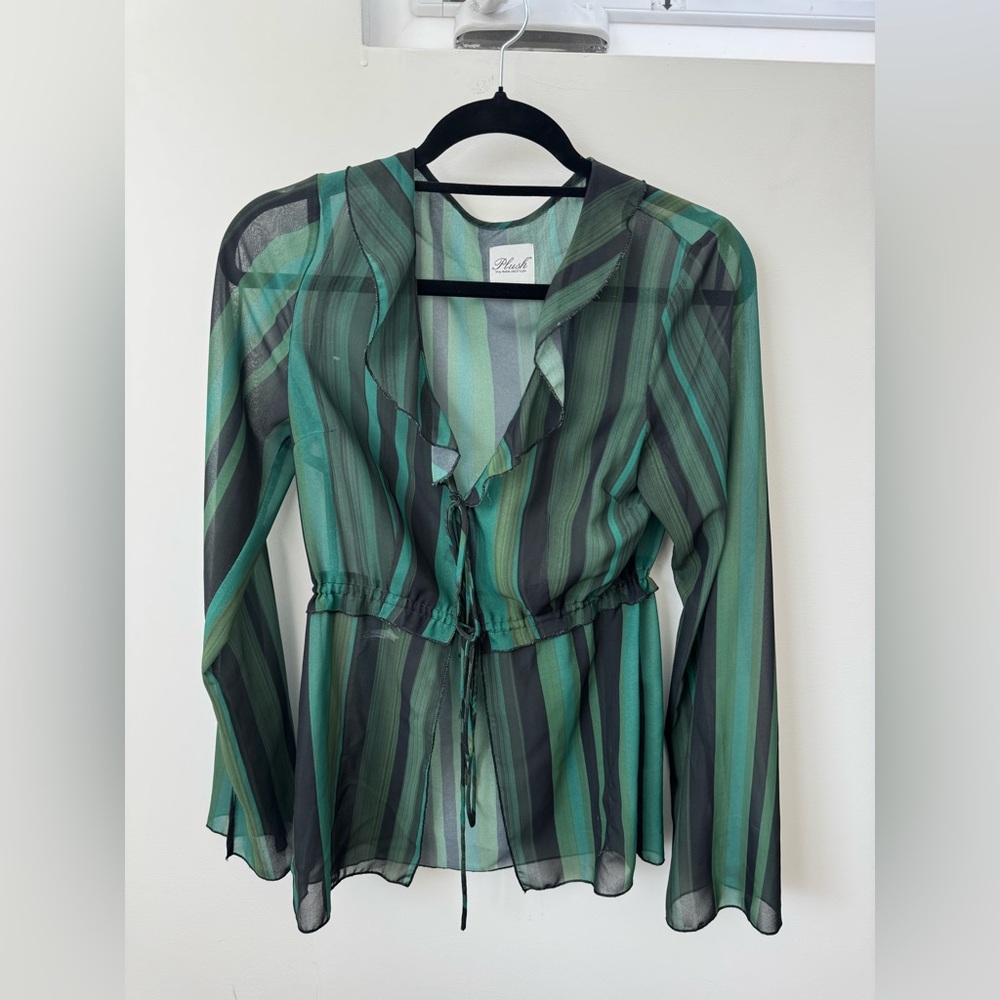 Green striped sheer blouse top & skirt long maxi set with tie up detail